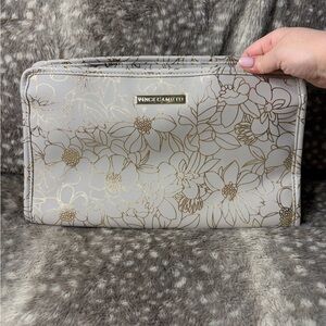 Vince Camuto Beige and Gold Floral Cosmetic Bag